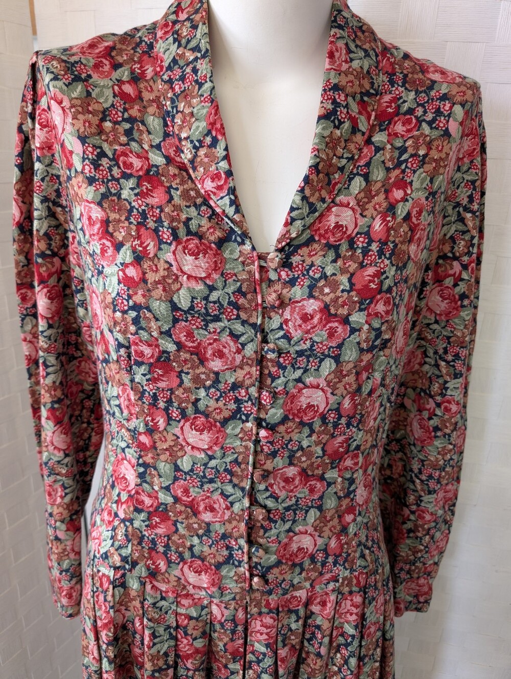 Vintage Dress Laura Ashley Cottagecore Floral Long-Sleeve Midi  Red Rose Print - Picture 4 of 11